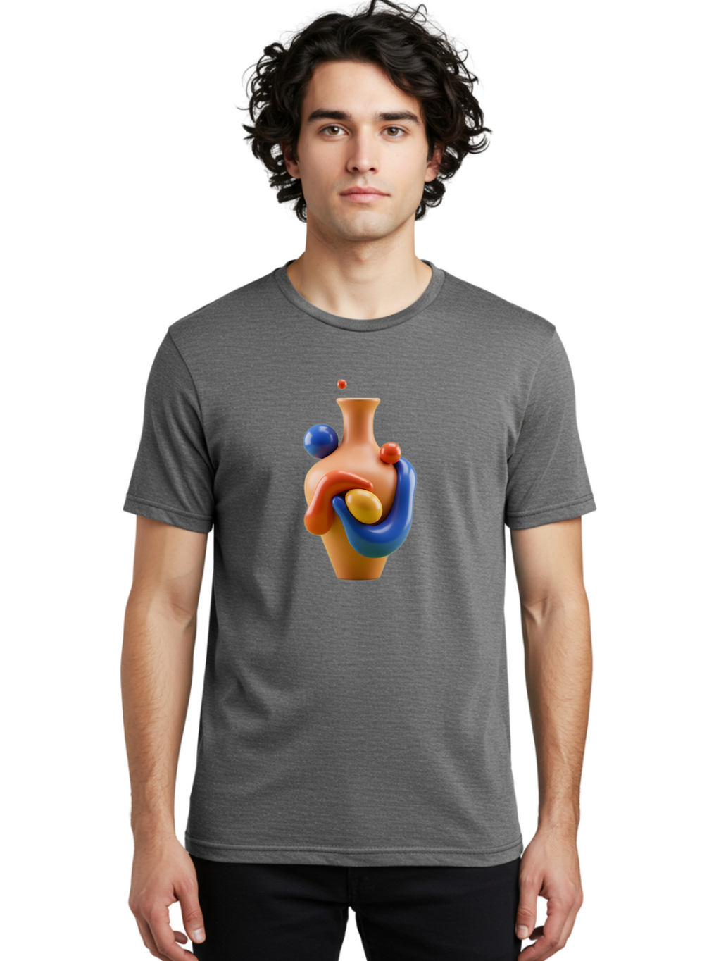 Terracotta-Vase Men'S Graphic Tee, 100% Cotton, Comfortable Casual Summer Wear, Machine Washable, 3D Illustration, Abstract Art, Colorful Vase, Flowing Shapes, Creative Design, Modern Decoration, Artistic Expression, Unique Sculpture Bab527