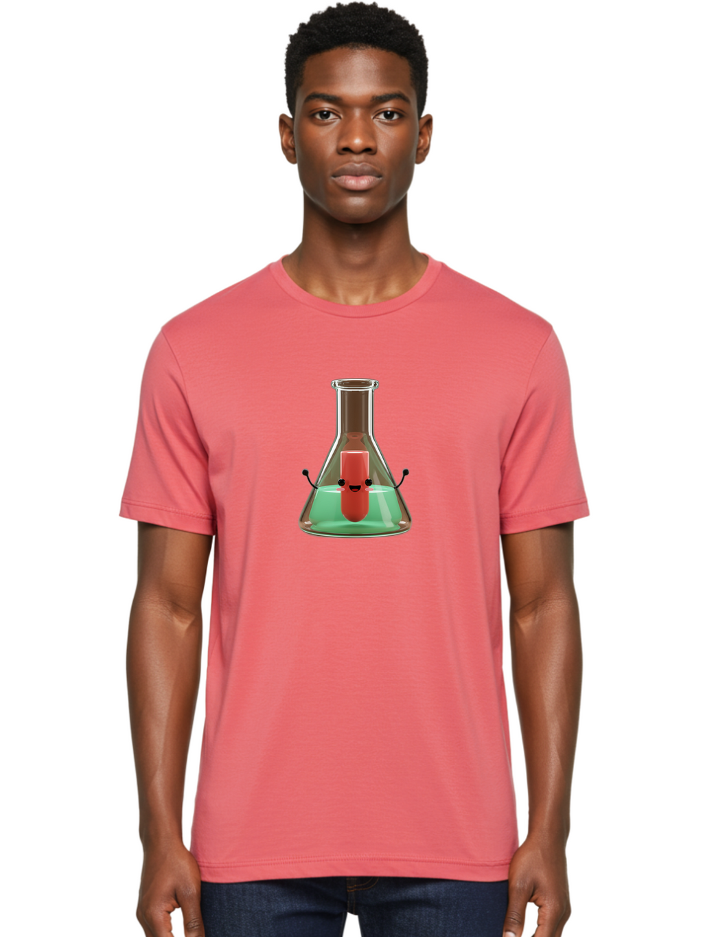 Test-Tube-Character Men'S Graphic Tee, 100% Cotton, Comfortable Casual Summer Wear, Machine Washable, Lipstick With Face, Cartoon Character, Laboratory Equipment, Glassware, Chemistry Experiment, Quirky Illustration, Comedic Art, Red Lipstick, Bab528
