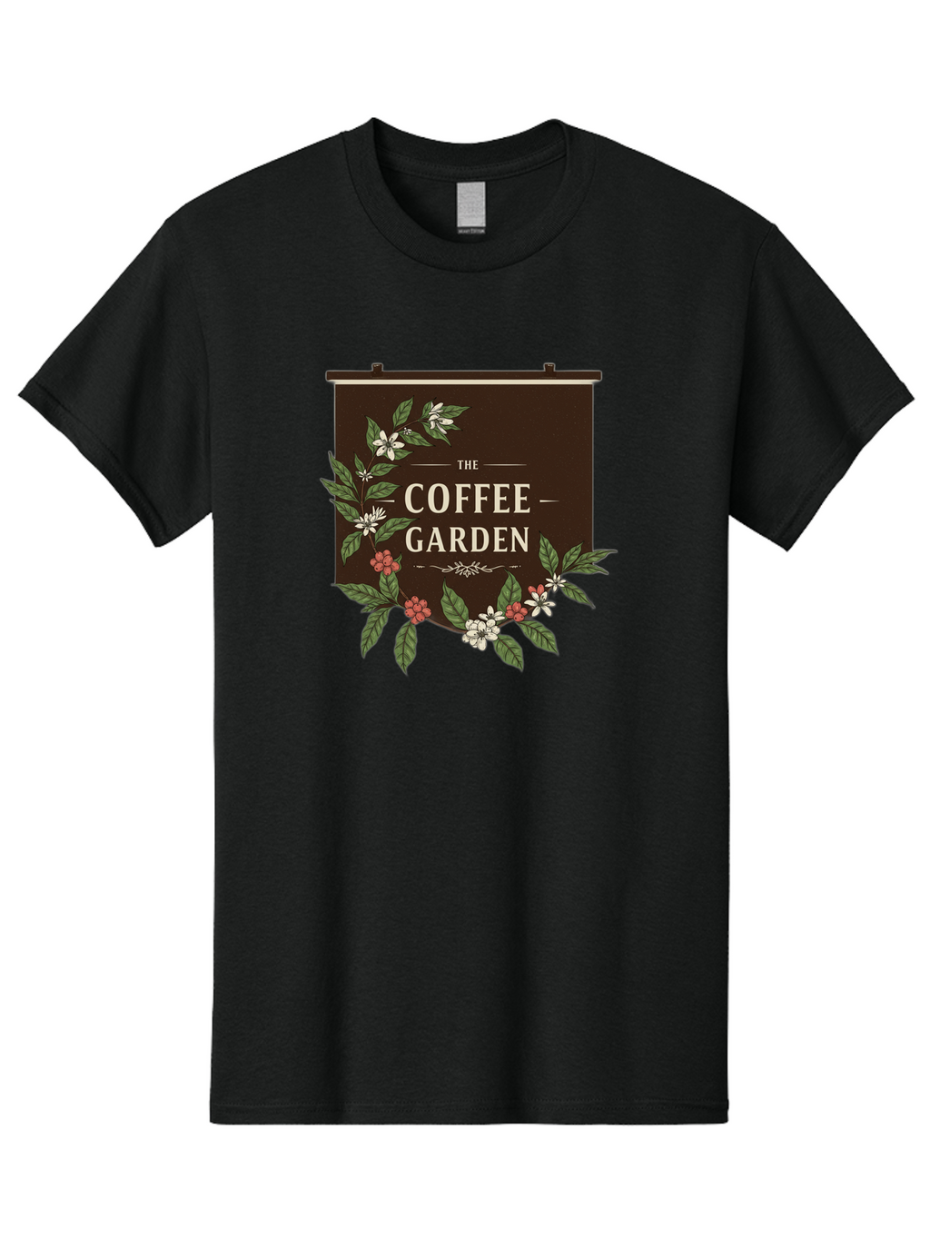 The-Coffee-Garden Men'S Graphic Tee, 100% Cotton, Comfortable Casual Summer Wear, Machine Washable, Coffee Shop Signage, Floral Designs, Vintage Typography, Coffee Culture, Garden Theme, Rustic Charm, Coffeehouse Decor, Inviting Atmosphere, Bab529
