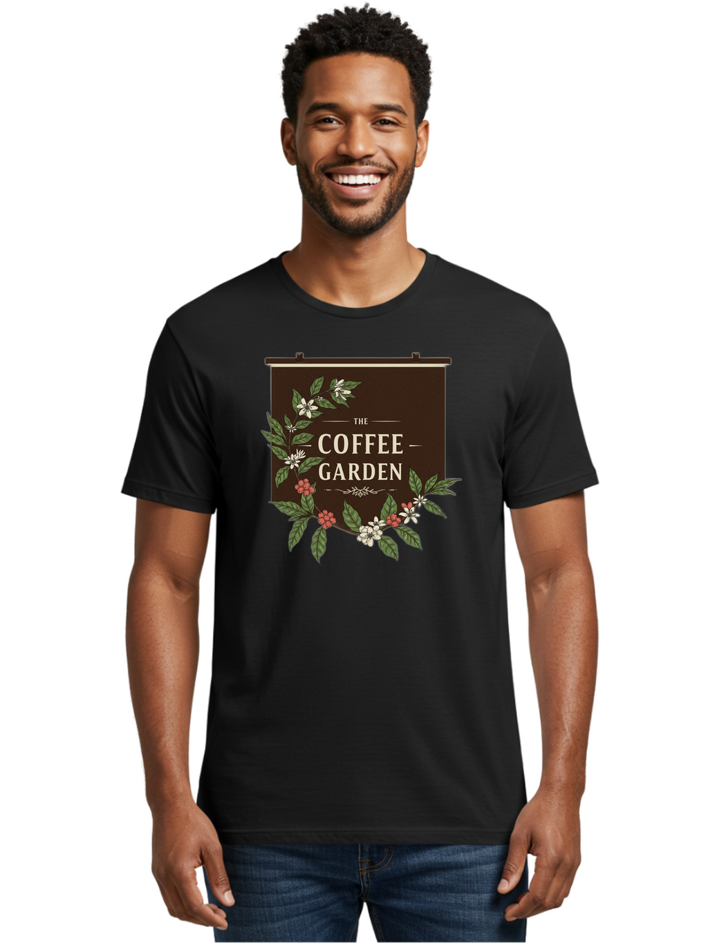 The-Coffee-Garden Men'S Graphic Tee, 100% Cotton, Comfortable Casual Summer Wear, Machine Washable, Coffee Shop Signage, Floral Designs, Vintage Typography, Coffee Culture, Garden Theme, Rustic Charm, Coffeehouse Decor, Inviting Atmosphere, Bab529