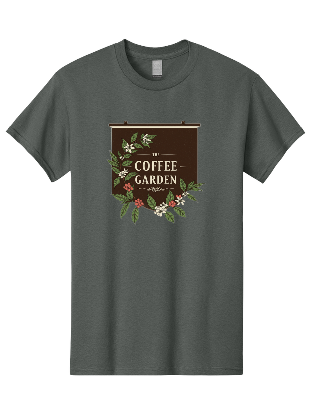 The-Coffee-Garden Men'S Graphic Tee, 100% Cotton, Comfortable Casual Summer Wear, Machine Washable, Coffee Shop Signage, Floral Designs, Vintage Typography, Coffee Culture, Garden Theme, Rustic Charm, Coffeehouse Decor, Inviting Atmosphere, Bab529