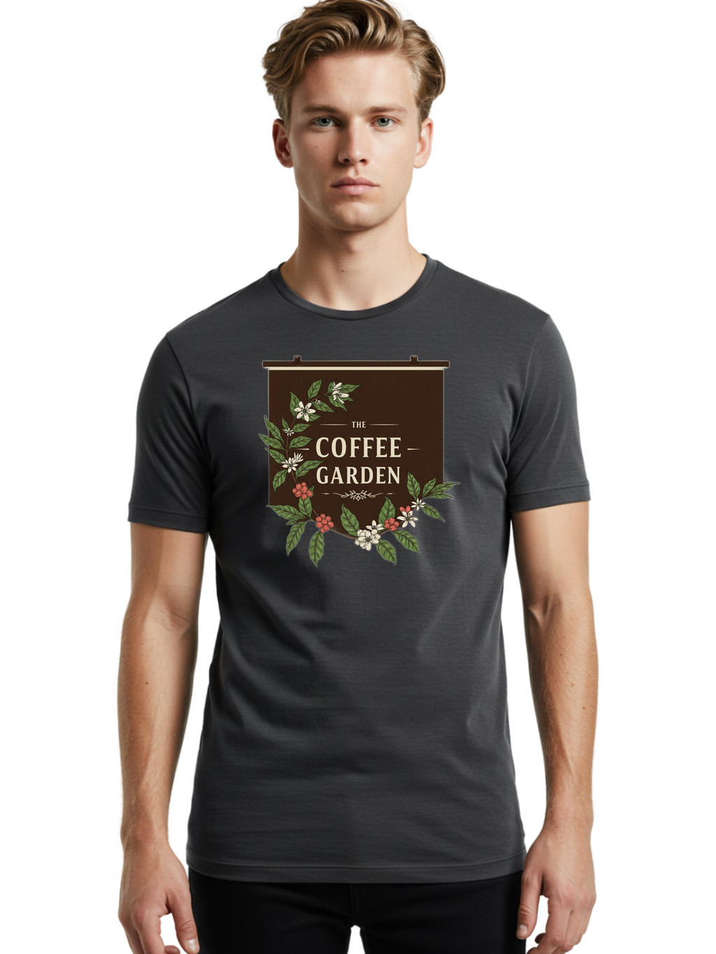 The-Coffee-Garden Men'S Graphic Tee, 100% Cotton, Comfortable Casual Summer Wear, Machine Washable, Coffee Shop Signage, Floral Designs, Vintage Typography, Coffee Culture, Garden Theme, Rustic Charm, Coffeehouse Decor, Inviting Atmosphere, Bab529