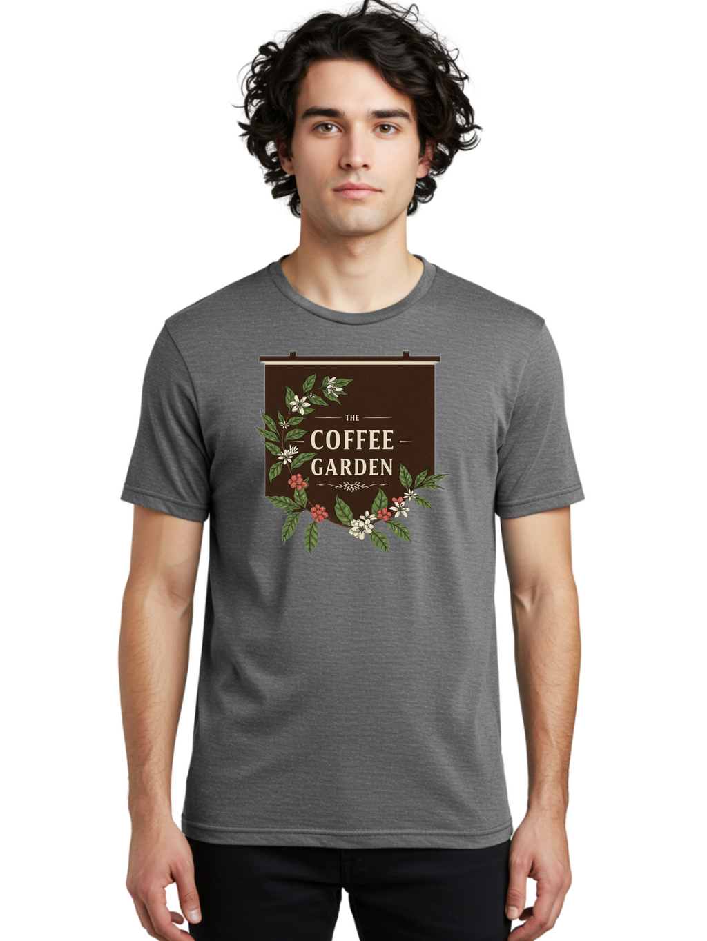 The-Coffee-Garden Men'S Graphic Tee, 100% Cotton, Comfortable Casual Summer Wear, Machine Washable, Coffee Shop Signage, Floral Designs, Vintage Typography, Coffee Culture, Garden Theme, Rustic Charm, Coffeehouse Decor, Inviting Atmosphere, Bab529
