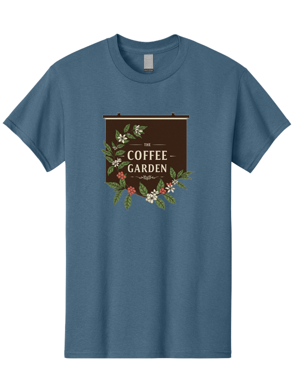 The-Coffee-Garden Men'S Graphic Tee, 100% Cotton, Comfortable Casual Summer Wear, Machine Washable, Coffee Shop Signage, Floral Designs, Vintage Typography, Coffee Culture, Garden Theme, Rustic Charm, Coffeehouse Decor, Inviting Atmosphere, Bab529