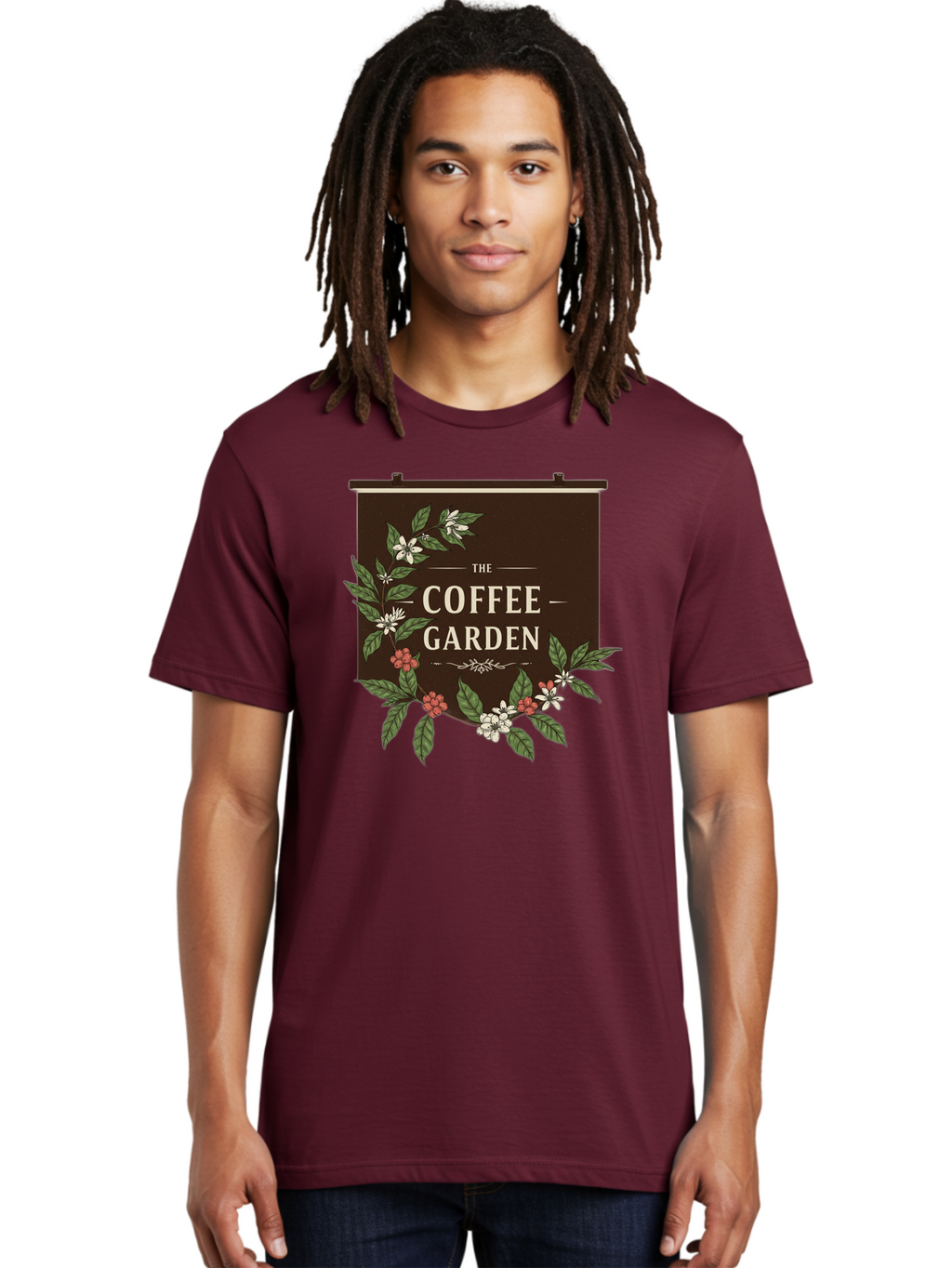 The-Coffee-Garden Men'S Graphic Tee, 100% Cotton, Comfortable Casual Summer Wear, Machine Washable, Coffee Shop Signage, Floral Designs, Vintage Typography, Coffee Culture, Garden Theme, Rustic Charm, Coffeehouse Decor, Inviting Atmosphere, Bab529