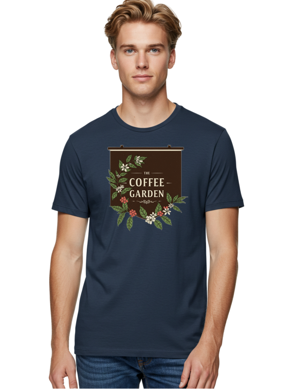 The-Coffee-Garden Men'S Graphic Tee, 100% Cotton, Comfortable Casual Summer Wear, Machine Washable, Coffee Shop Signage, Floral Designs, Vintage Typography, Coffee Culture, Garden Theme, Rustic Charm, Coffeehouse Decor, Inviting Atmosphere, Bab529