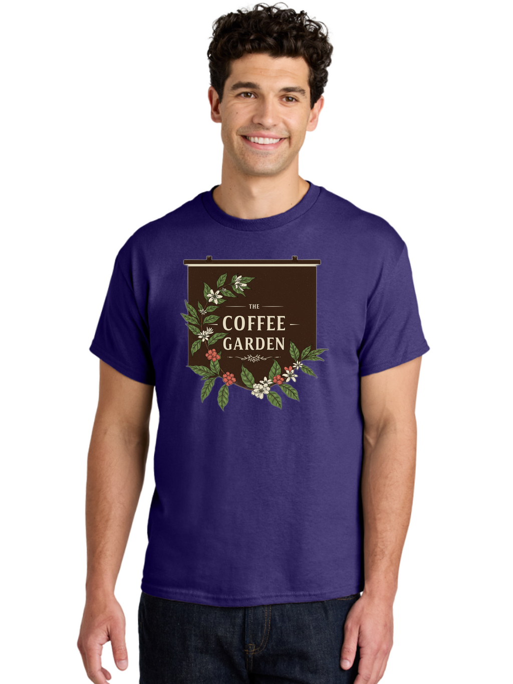 The-Coffee-Garden Men'S Graphic Tee, 100% Cotton, Comfortable Casual Summer Wear, Machine Washable, Coffee Shop Signage, Floral Designs, Vintage Typography, Coffee Culture, Garden Theme, Rustic Charm, Coffeehouse Decor, Inviting Atmosphere, Bab529