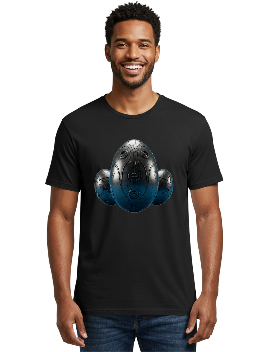 Three-Black-Eggs Men'S Graphic Tee, 100% Cotton, Comfortable Casual Summer Wear, Machine Washable, Futuristic Egg-Shaped Objects, Metallic Surface, Sci-Fi Elements, Egg Designs, Abstract Shapes, Digital Art, Robotic Features Bab531