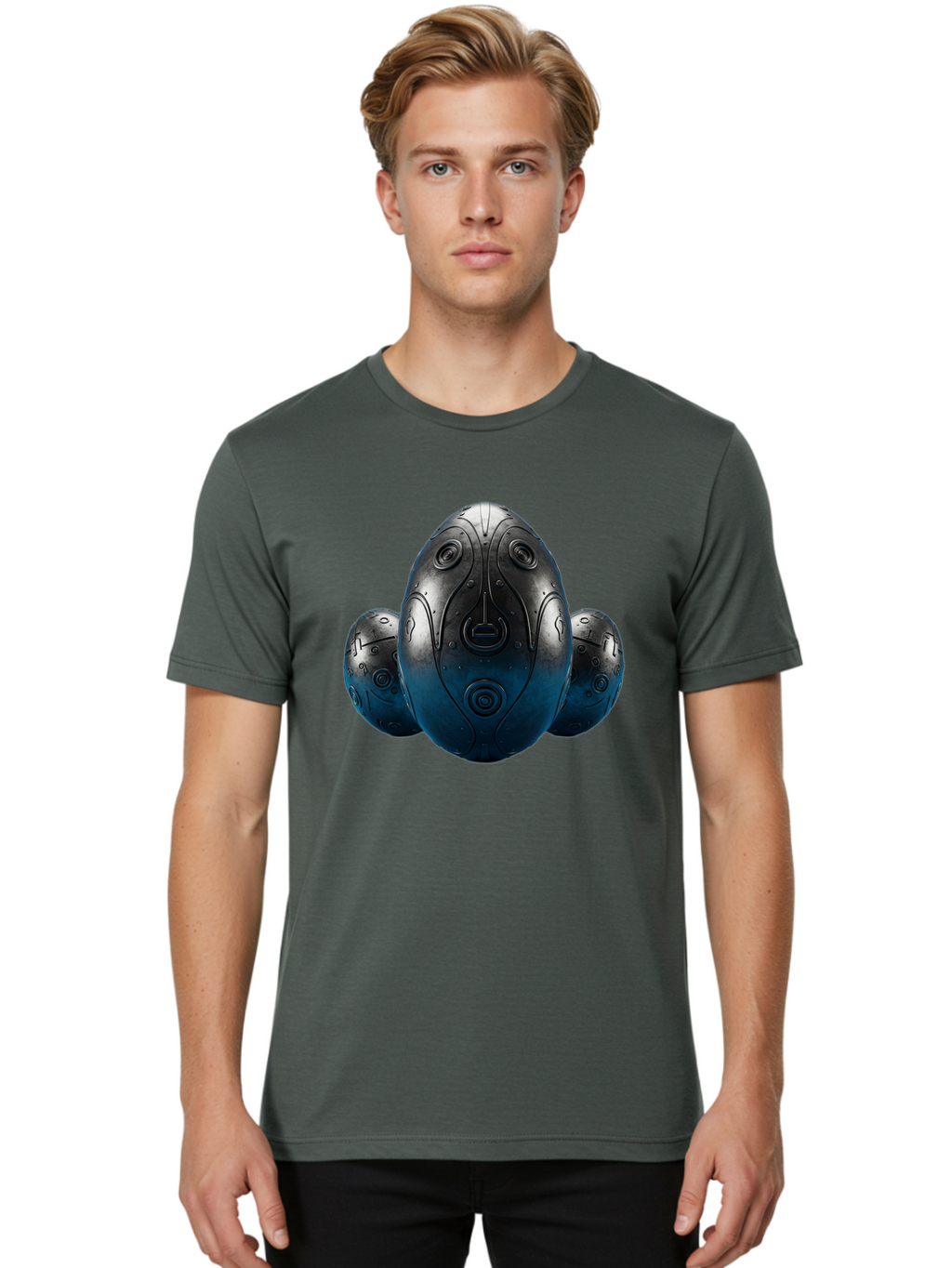 Three-Black-Eggs Men'S Graphic Tee, 100% Cotton, Comfortable Casual Summer Wear, Machine Washable, Futuristic Egg-Shaped Objects, Metallic Surface, Sci-Fi Elements, Egg Designs, Abstract Shapes, Digital Art, Robotic Features Bab531