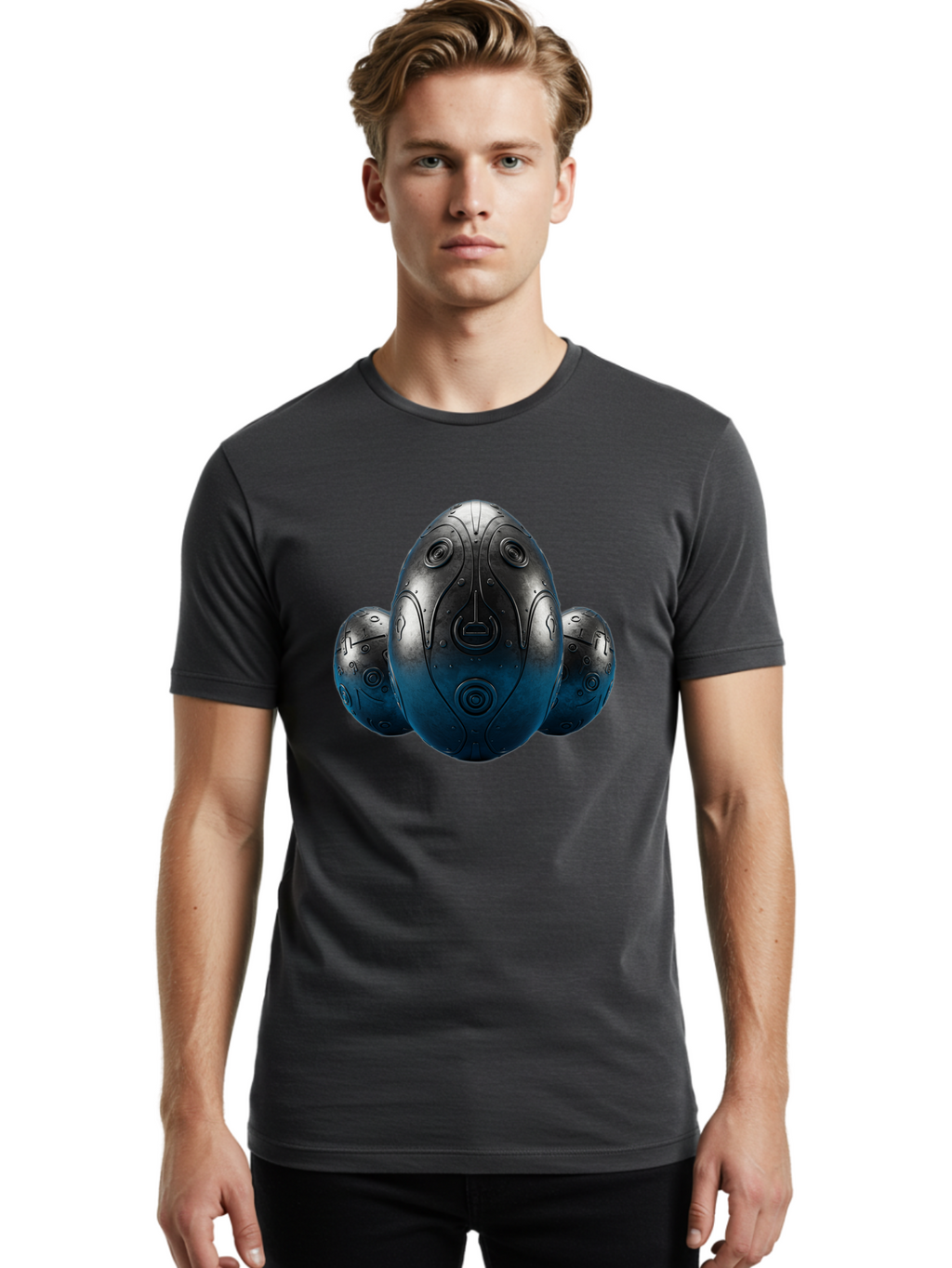 Three-Black-Eggs Men'S Graphic Tee, 100% Cotton, Comfortable Casual Summer Wear, Machine Washable, Futuristic Egg-Shaped Objects, Metallic Surface, Sci-Fi Elements, Egg Designs, Abstract Shapes, Digital Art, Robotic Features Bab531