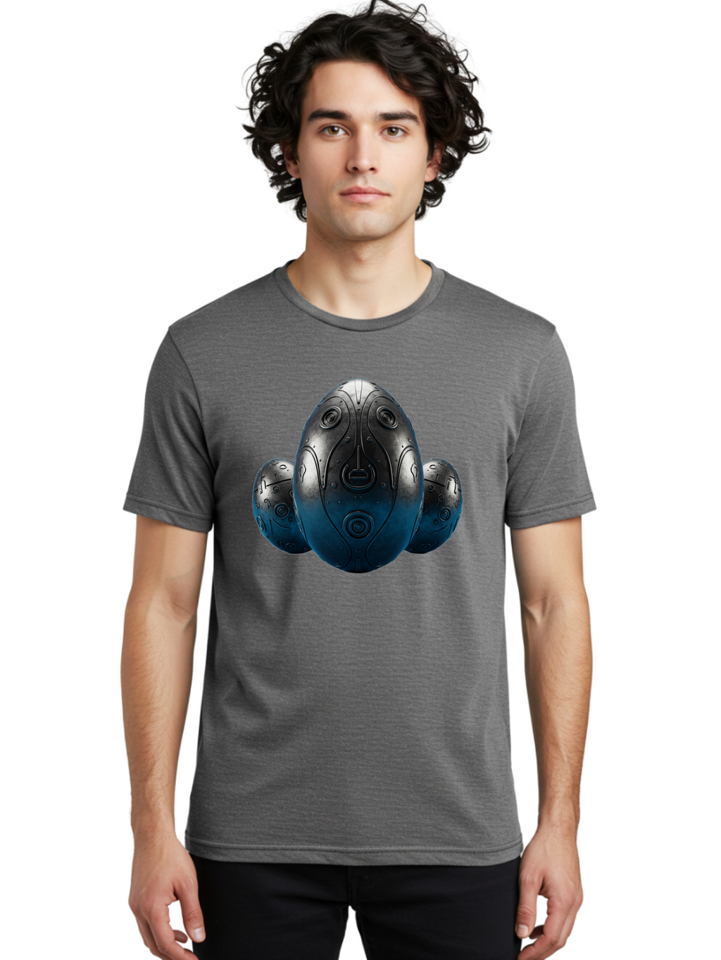 Three-Black-Eggs Men'S Graphic Tee, 100% Cotton, Comfortable Casual Summer Wear, Machine Washable, Futuristic Egg-Shaped Objects, Metallic Surface, Sci-Fi Elements, Egg Designs, Abstract Shapes, Digital Art, Robotic Features Bab531