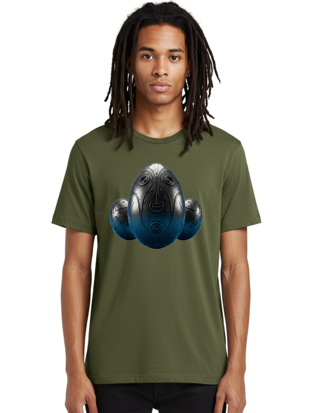 Three-Black-Eggs Men'S Graphic Tee, 100% Cotton, Comfortable Casual Summer Wear, Machine Washable, Futuristic Egg-Shaped Objects, Metallic Surface, Sci-Fi Elements, Egg Designs, Abstract Shapes, Digital Art, Robotic Features Bab531