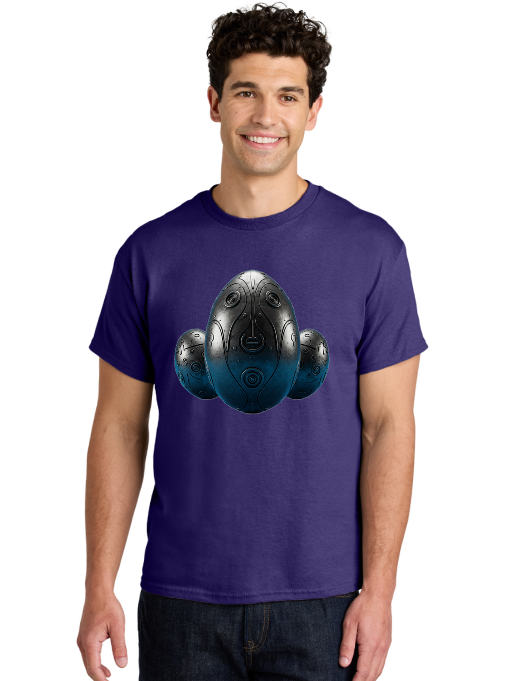 Three-Black-Eggs Men'S Graphic Tee, 100% Cotton, Comfortable Casual Summer Wear, Machine Washable, Futuristic Egg-Shaped Objects, Metallic Surface, Sci-Fi Elements, Egg Designs, Abstract Shapes, Digital Art, Robotic Features Bab531