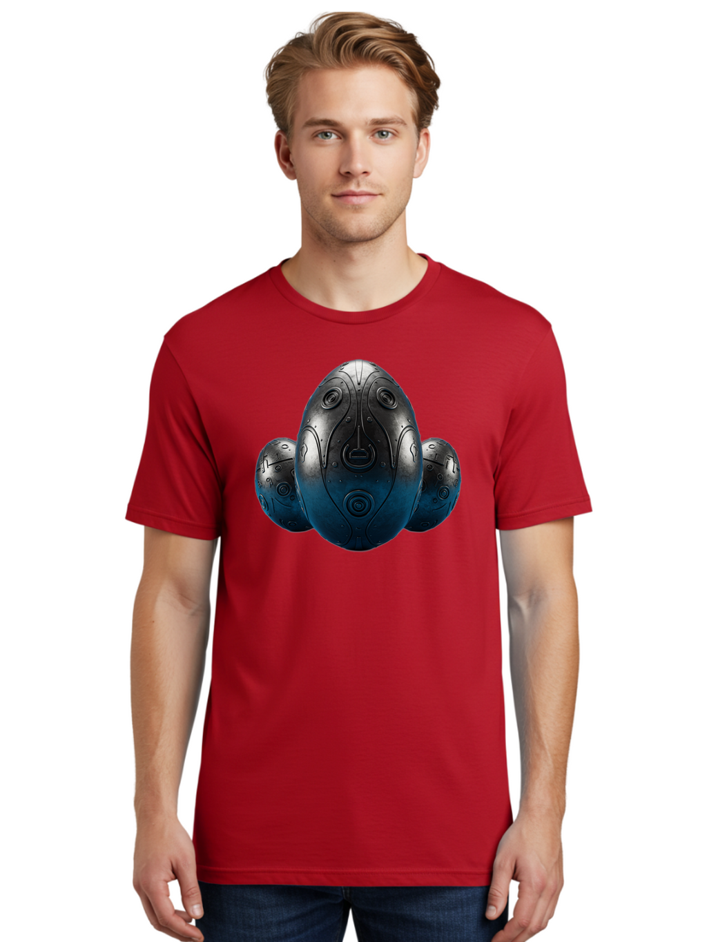Three-Black-Eggs Men'S Graphic Tee, 100% Cotton, Comfortable Casual Summer Wear, Machine Washable, Futuristic Egg-Shaped Objects, Metallic Surface, Sci-Fi Elements, Egg Designs, Abstract Shapes, Digital Art, Robotic Features Bab531