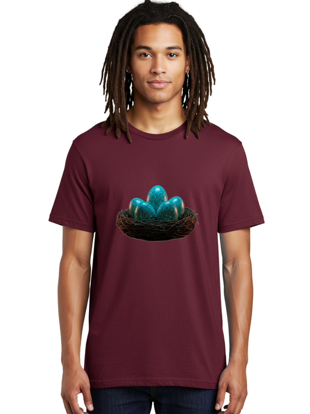 Three-Blue-Eggs-In-A-Nest Men'S Graphic Tee, 100% Cotton, Comfortable Casual Summer Wear, Machine Washable, Blue Eggs, Bird'S Nest, Twig Nest, Speckled Eggs, Shiny Eggs, Natural Elements, Earthy Tones, Symbolic Eggs, Decorative Nest Bab532