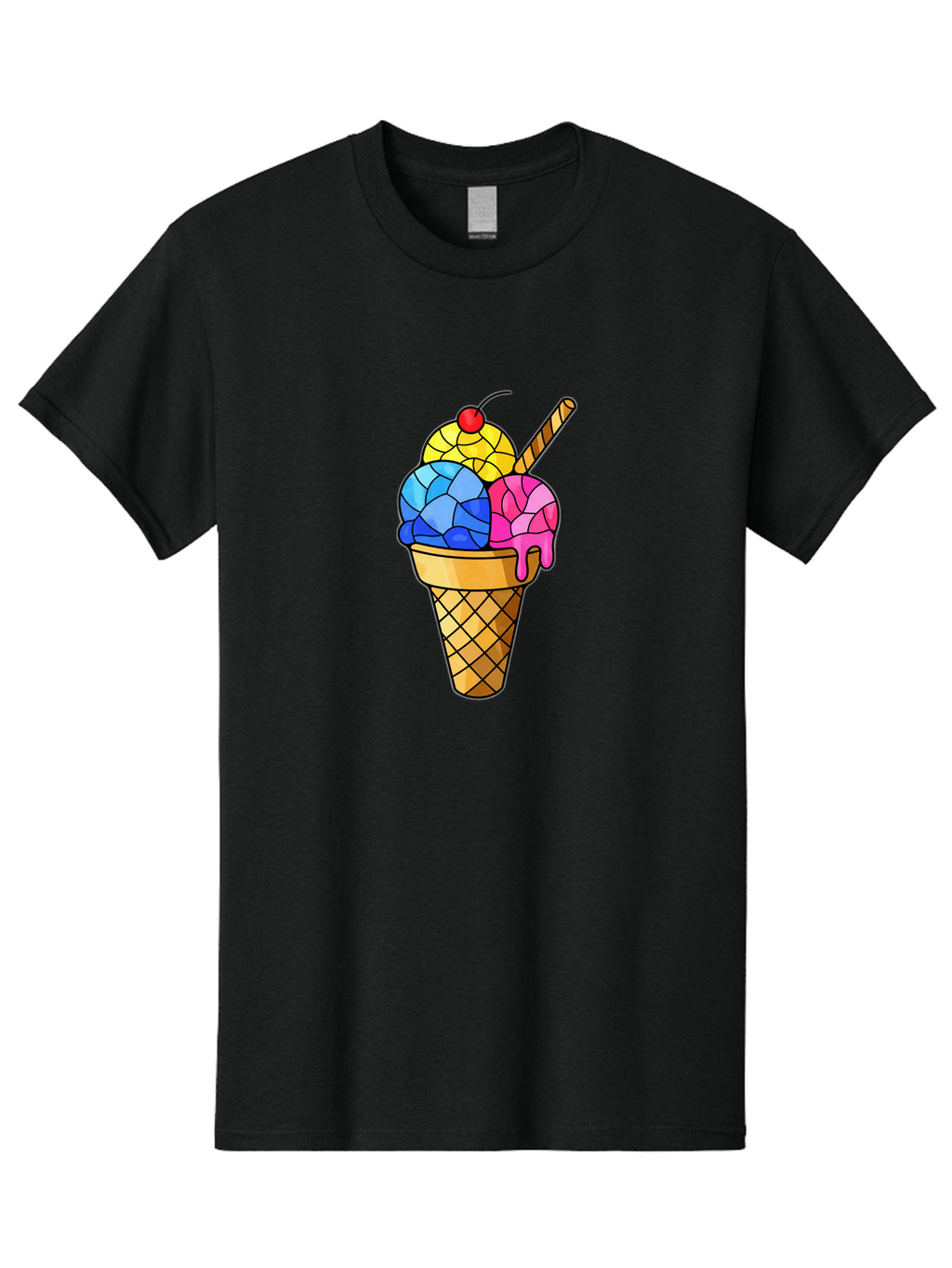 Three-Scoop-Ice-Cream Men'S Graphic Tee, 100% Cotton, Comfortable Casual Summer Wear, Machine Washable, Ice Cream Cone, Three Scoops, Colorful Dessert, Waffle Cone, Wafer Stick, Cherry On Top, Sweet Treat, Colorful Ice Cream Bab533