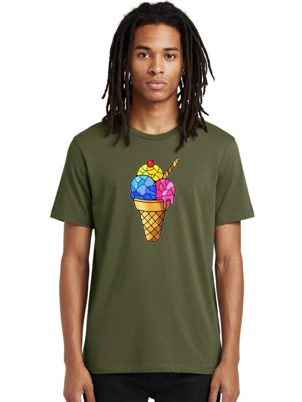 Three-Scoop-Ice-Cream Men'S Graphic Tee, 100% Cotton, Comfortable Casual Summer Wear, Machine Washable, Ice Cream Cone, Three Scoops, Colorful Dessert, Waffle Cone, Wafer Stick, Cherry On Top, Sweet Treat, Colorful Ice Cream Bab533