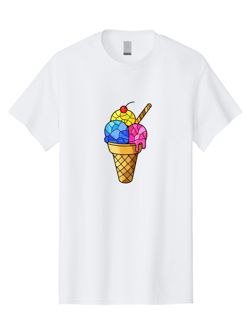 Three-Scoop-Ice-Cream Men'S Graphic Tee, 100% Cotton, Comfortable Casual Summer Wear, Machine Washable, Ice Cream Cone, Three Scoops, Colorful Dessert, Waffle Cone, Wafer Stick, Cherry On Top, Sweet Treat, Colorful Ice Cream Bab533