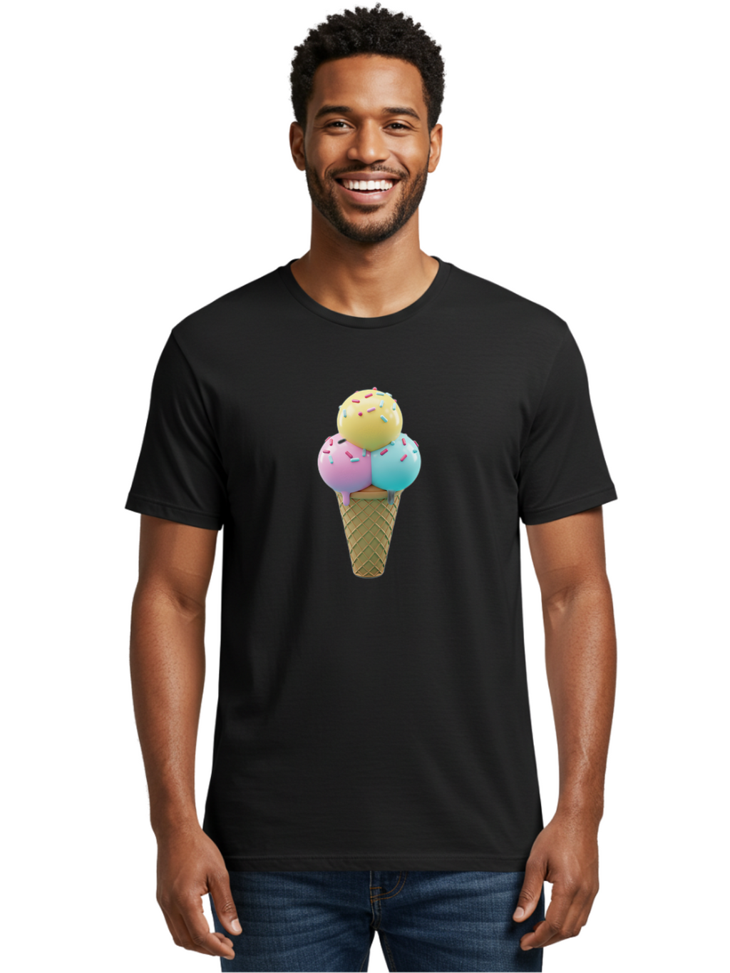 Three-Scoops-Ice-Cream-1 Men'S Graphic Tee, 100% Cotton, Comfortable Casual Summer Wear, Machine Washable, Ice Cream Cone, Three Scoops, Colorful Sprinkles, Yellow, Pink, Blue Ice Cream, Sweet Treats, Dessert, Colorful Dessert Bab534