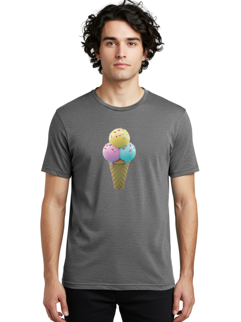 Three-Scoops-Ice-Cream-1 Men'S Graphic Tee, 100% Cotton, Comfortable Casual Summer Wear, Machine Washable, Ice Cream Cone, Three Scoops, Colorful Sprinkles, Yellow, Pink, Blue Ice Cream, Sweet Treats, Dessert, Colorful Dessert Bab534