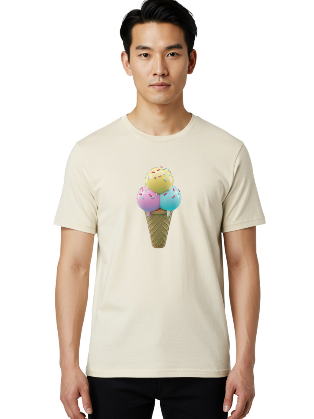 Three-Scoops-Ice-Cream-1 Men'S Graphic Tee, 100% Cotton, Comfortable Casual Summer Wear, Machine Washable, Ice Cream Cone, Three Scoops, Colorful Sprinkles, Yellow, Pink, Blue Ice Cream, Sweet Treats, Dessert, Colorful Dessert Bab534