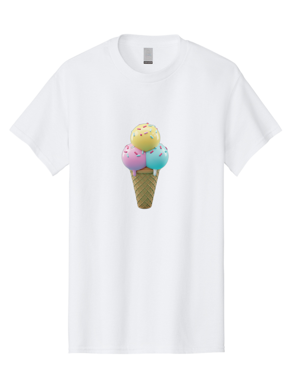 Three-Scoops-Ice-Cream-1 Men'S Graphic Tee, 100% Cotton, Comfortable Casual Summer Wear, Machine Washable, Ice Cream Cone, Three Scoops, Colorful Sprinkles, Yellow, Pink, Blue Ice Cream, Sweet Treats, Dessert, Colorful Dessert Bab534
