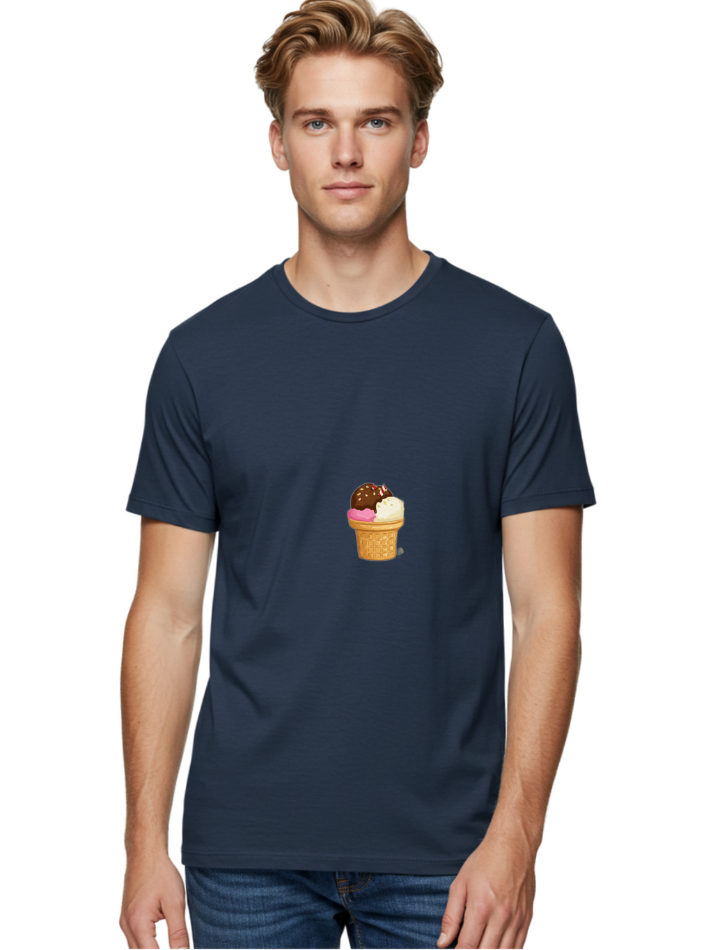 Three-Scoops-Ice-Cream Men'S Graphic Tee, 100% Cotton, Comfortable Casual Summer Wear, Machine Washable, Triple Scoop Ice Cream, Chocolate Ice Cream, Strawberry Ice Cream, Vanilla Ice Cream, Ice Cream Cone, Sweet Treats, Dessert, Bab535