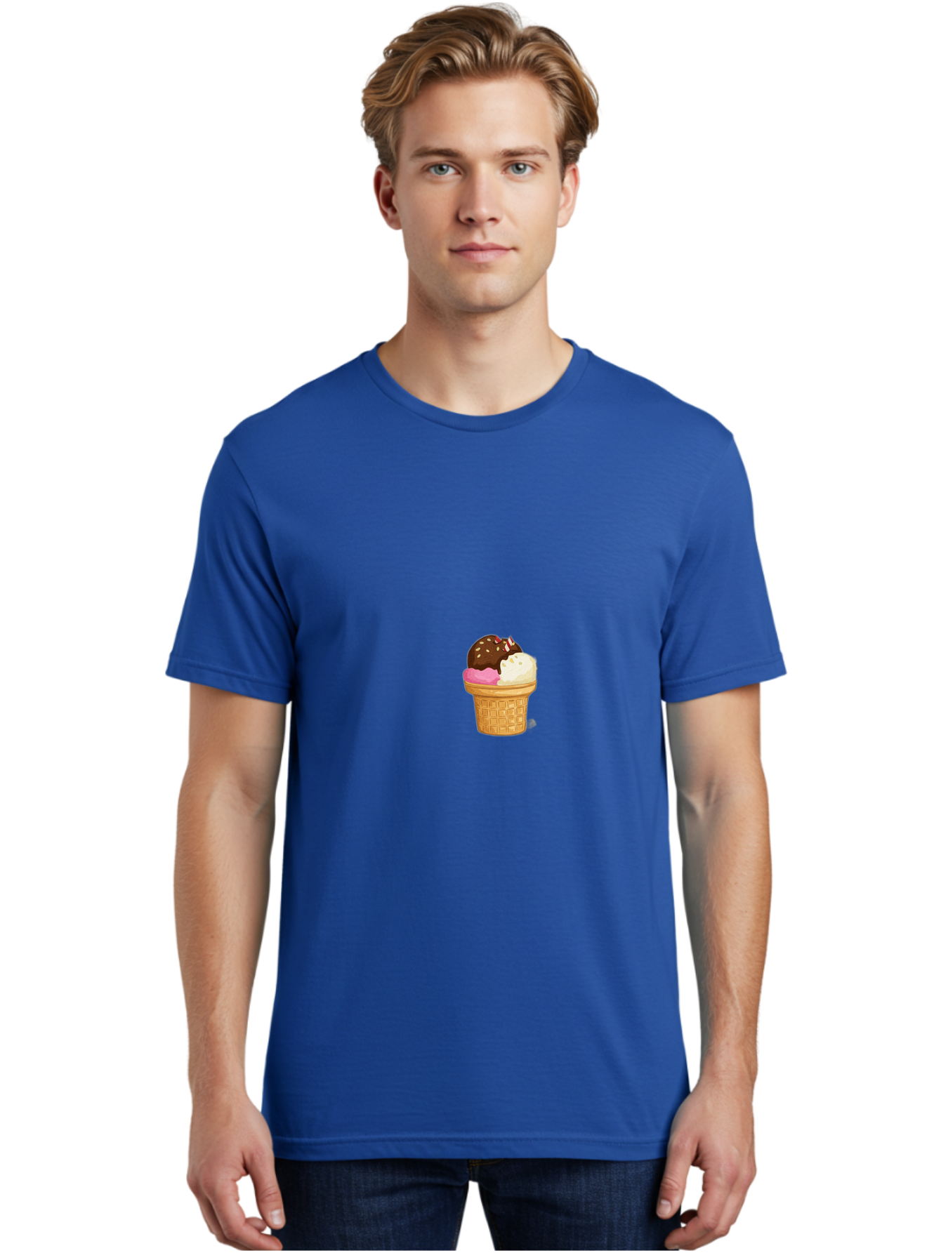 Three-Scoops-Ice-Cream Men'S Graphic Tee, 100% Cotton, Comfortable Casual Summer Wear, Machine Washable, Triple Scoop Ice Cream, Chocolate Ice Cream, Strawberry Ice Cream, Vanilla Ice Cream, Ice Cream Cone, Sweet Treats, Dessert, Bab535