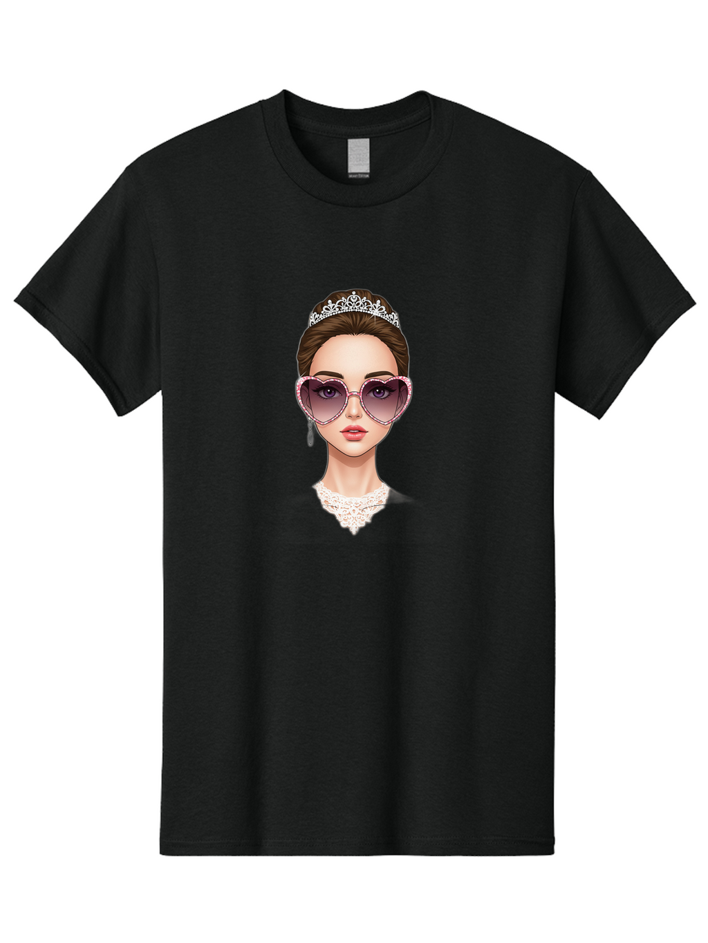 Tiara-Girl Men'S Graphic Tee, 100% Cotton, Comfortable Casual Summer Wear, Machine Washable, Princess Illustration, Heart-Shaped Sunglasses, Tiara Accessory, Elegant Jewelry, Fashionable Woman, Trendy Eyewear, Glamorous Style, Bab536