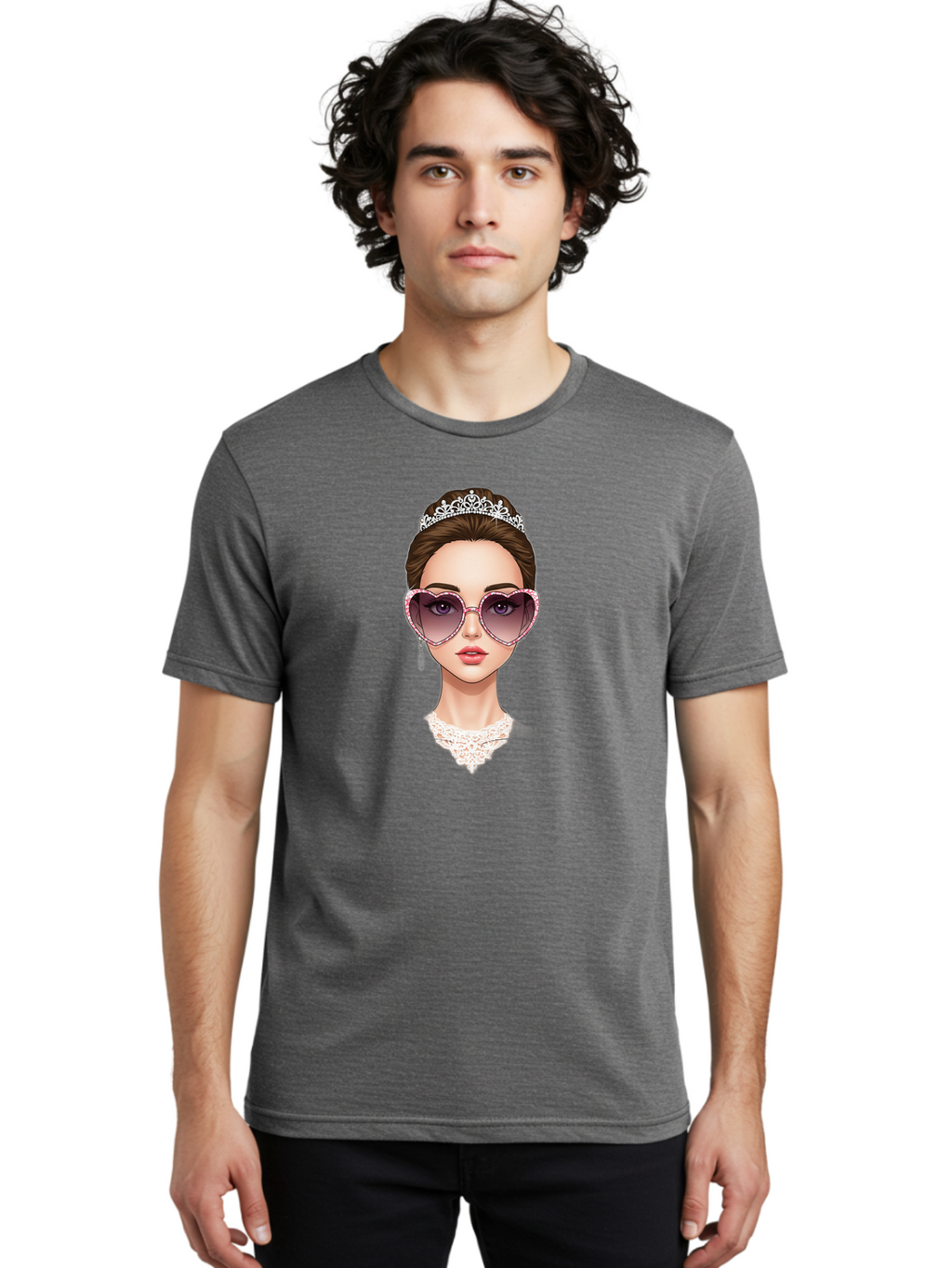 Tiara-Girl Men'S Graphic Tee, 100% Cotton, Comfortable Casual Summer Wear, Machine Washable, Princess Illustration, Heart-Shaped Sunglasses, Tiara Accessory, Elegant Jewelry, Fashionable Woman, Trendy Eyewear, Glamorous Style, Bab536
