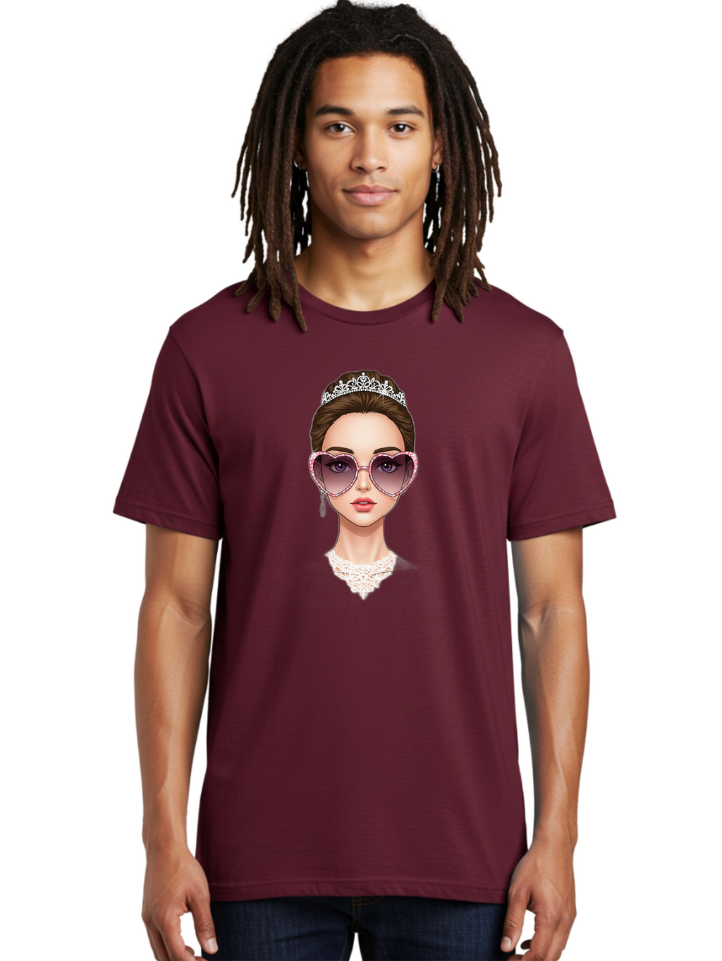 Tiara-Girl Men'S Graphic Tee, 100% Cotton, Comfortable Casual Summer Wear, Machine Washable, Princess Illustration, Heart-Shaped Sunglasses, Tiara Accessory, Elegant Jewelry, Fashionable Woman, Trendy Eyewear, Glamorous Style, Bab536