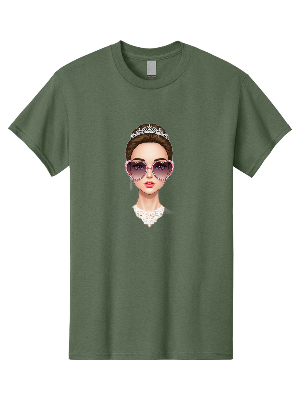 Tiara-Girl Men'S Graphic Tee, 100% Cotton, Comfortable Casual Summer Wear, Machine Washable, Princess Illustration, Heart-Shaped Sunglasses, Tiara Accessory, Elegant Jewelry, Fashionable Woman, Trendy Eyewear, Glamorous Style, Bab536