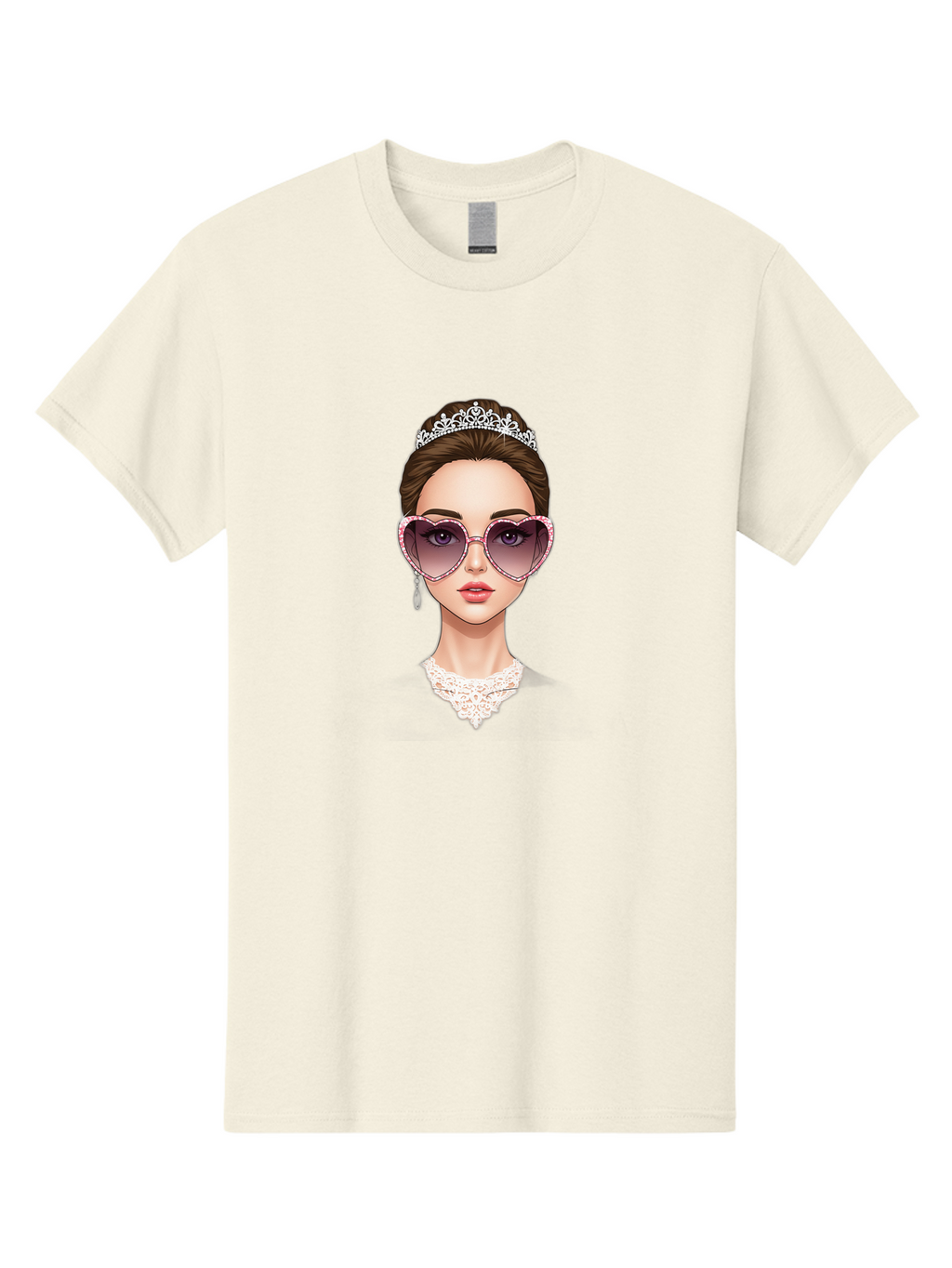 Tiara-Girl Men'S Graphic Tee, 100% Cotton, Comfortable Casual Summer Wear, Machine Washable, Princess Illustration, Heart-Shaped Sunglasses, Tiara Accessory, Elegant Jewelry, Fashionable Woman, Trendy Eyewear, Glamorous Style, Bab536