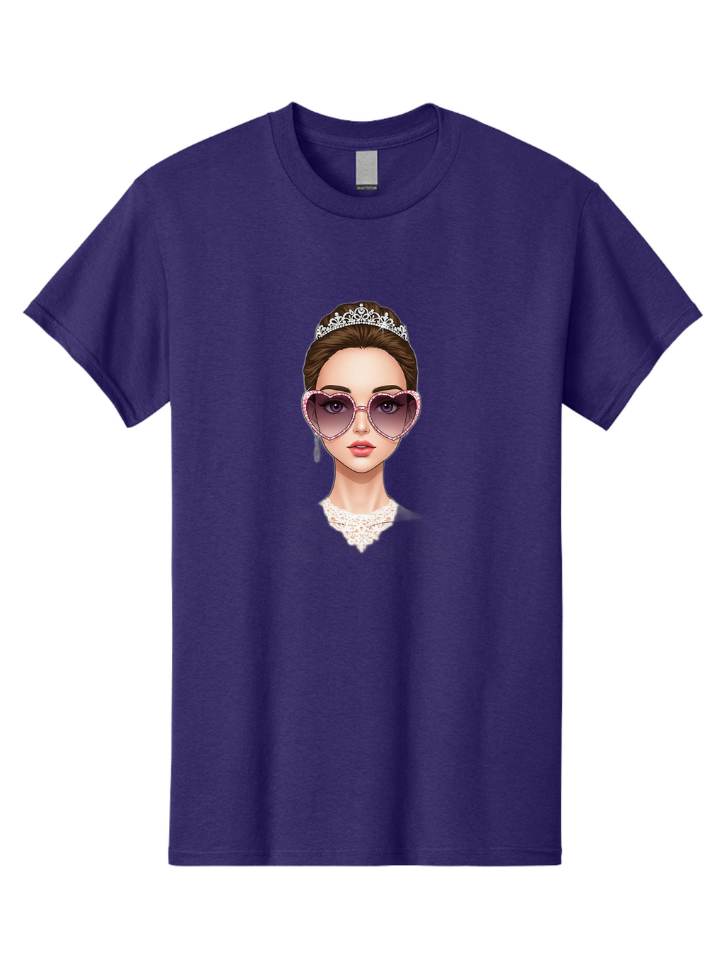 Tiara-Girl Men'S Graphic Tee, 100% Cotton, Comfortable Casual Summer Wear, Machine Washable, Princess Illustration, Heart-Shaped Sunglasses, Tiara Accessory, Elegant Jewelry, Fashionable Woman, Trendy Eyewear, Glamorous Style, Bab536