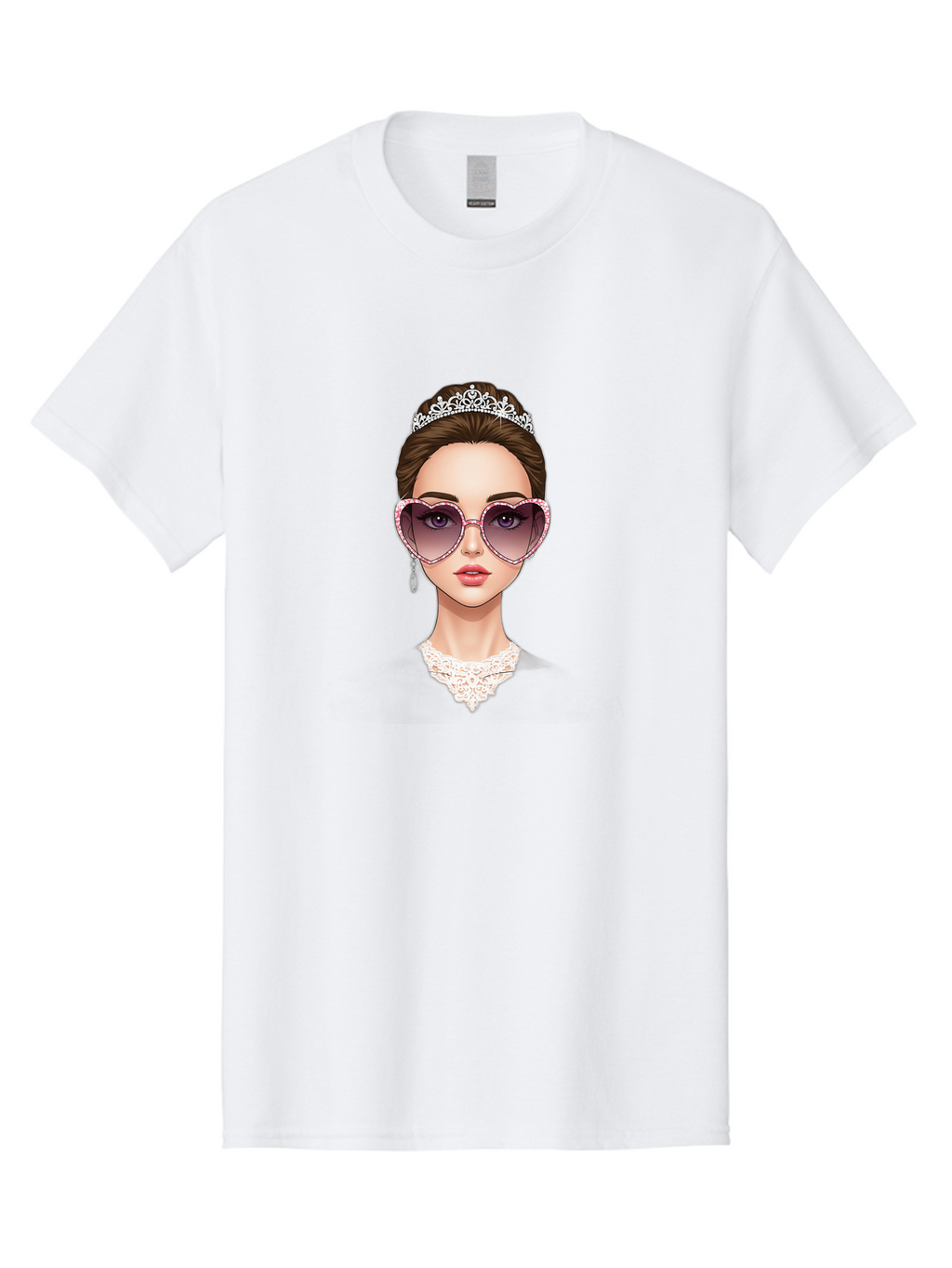 Tiara-Girl Men'S Graphic Tee, 100% Cotton, Comfortable Casual Summer Wear, Machine Washable, Princess Illustration, Heart-Shaped Sunglasses, Tiara Accessory, Elegant Jewelry, Fashionable Woman, Trendy Eyewear, Glamorous Style, Bab536