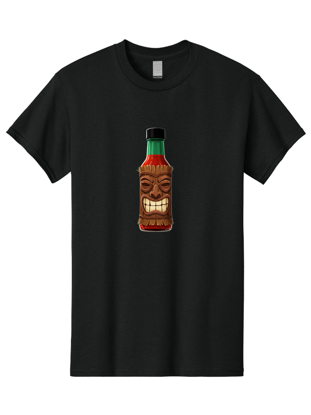 Tiki-Hot-Sauce Men'S Graphic Tee, 100% Cotton, Comfortable Casual Summer Wear, Machine Washable, Hot Sauce Bottle, Tiki Face, Wooden Mask, Cartoon Illustration, Spice Bottle, Condiment Packaging, Fiery Sauce, Humorous Design, Sauce Container Bab537