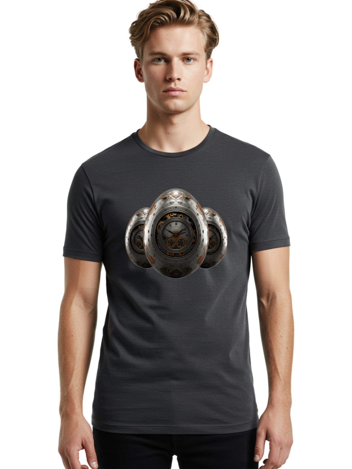 Time-Eggs Men'S Graphic Tee, 100% Cotton, Comfortable Casual Summer Wear, Machine Washable, Steampunk Eggs, Clockwork Eggs, Metal Eggs, Rusty Metal, Clock Face, Roman Numerals, Gear Mechanisms, Vintage Clockwork, Industrial Art, Bab538
