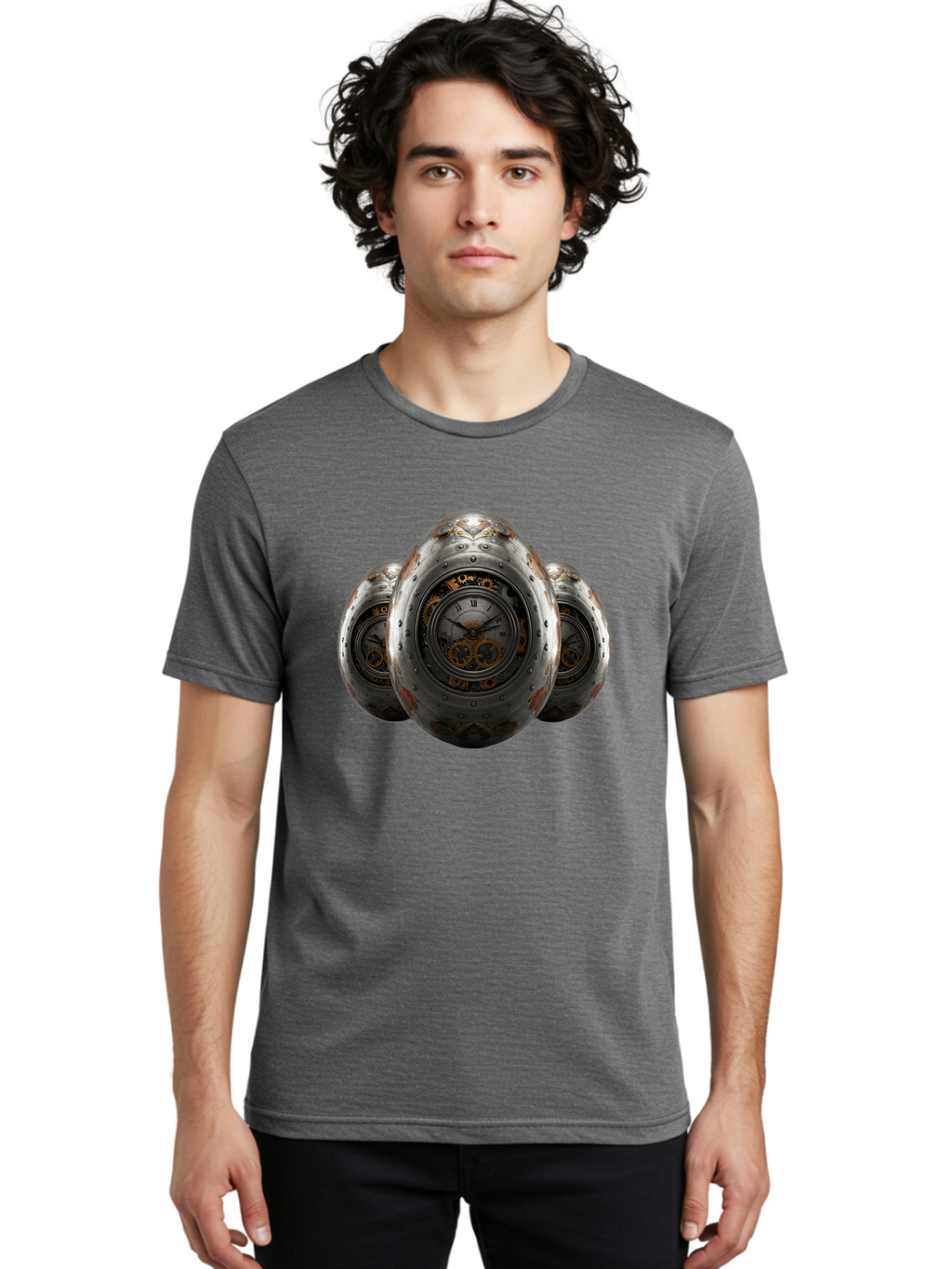 Time-Eggs Men'S Graphic Tee, 100% Cotton, Comfortable Casual Summer Wear, Machine Washable, Steampunk Eggs, Clockwork Eggs, Metal Eggs, Rusty Metal, Clock Face, Roman Numerals, Gear Mechanisms, Vintage Clockwork, Industrial Art, Bab538