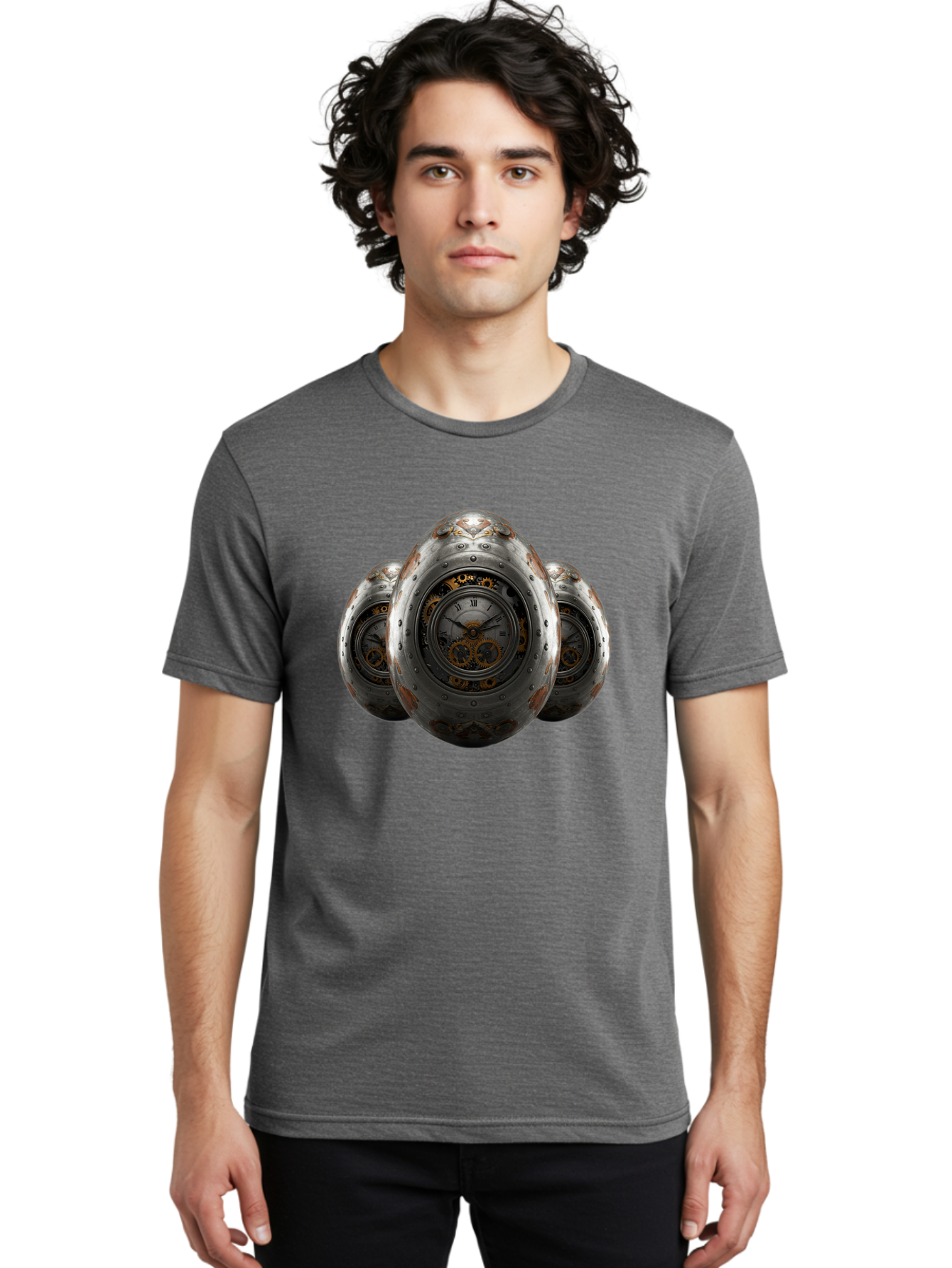 Time-Eggs Men'S Graphic Tee, 100% Cotton, Comfortable Casual Summer Wear, Machine Washable, Steampunk Eggs, Clockwork Eggs, Metal Eggs, Rusty Metal, Clock Face, Roman Numerals, Gear Mechanisms, Vintage Clockwork, Industrial Art, Bab538