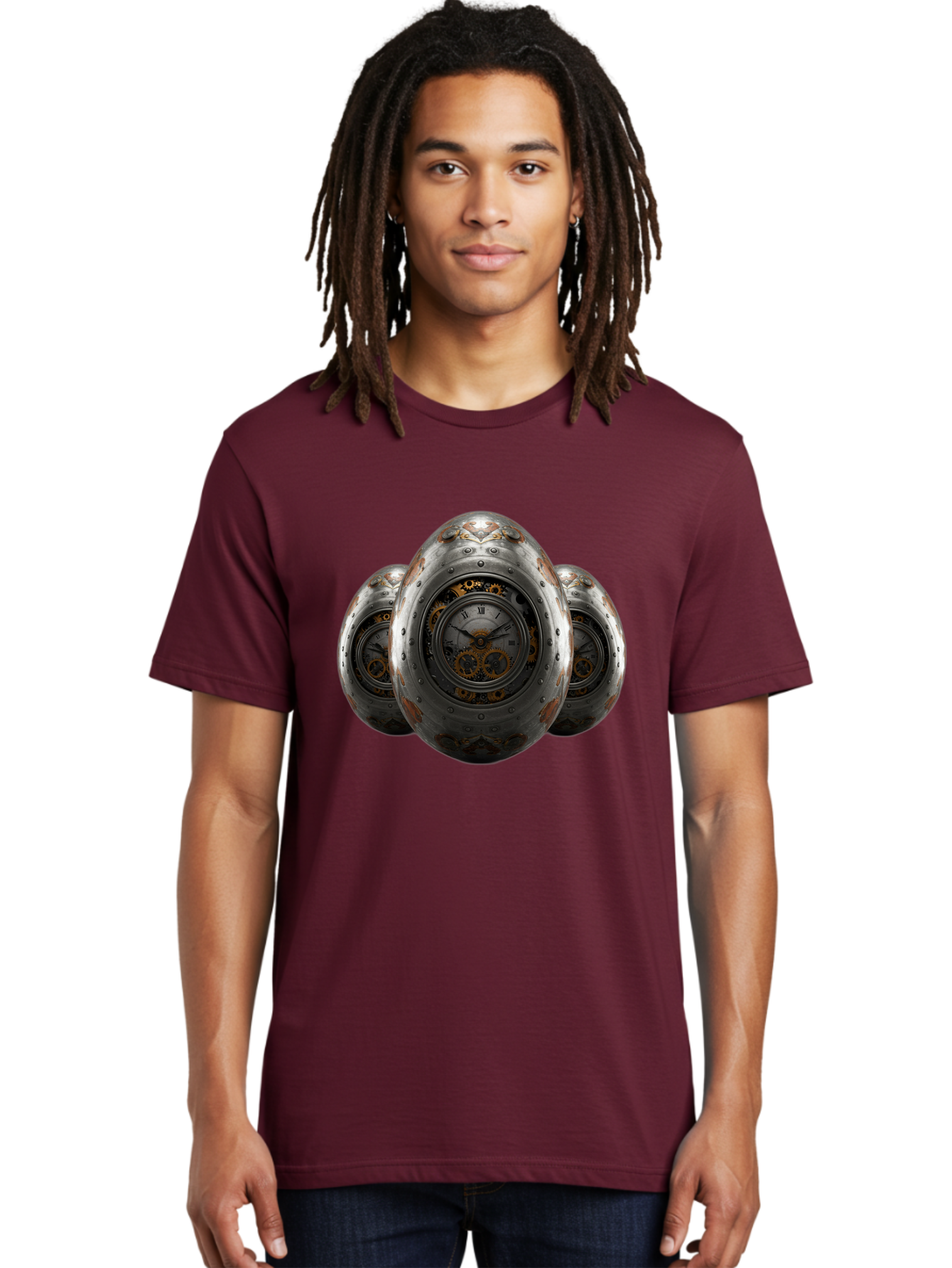 Time-Eggs Men'S Graphic Tee, 100% Cotton, Comfortable Casual Summer Wear, Machine Washable, Steampunk Eggs, Clockwork Eggs, Metal Eggs, Rusty Metal, Clock Face, Roman Numerals, Gear Mechanisms, Vintage Clockwork, Industrial Art, Bab538