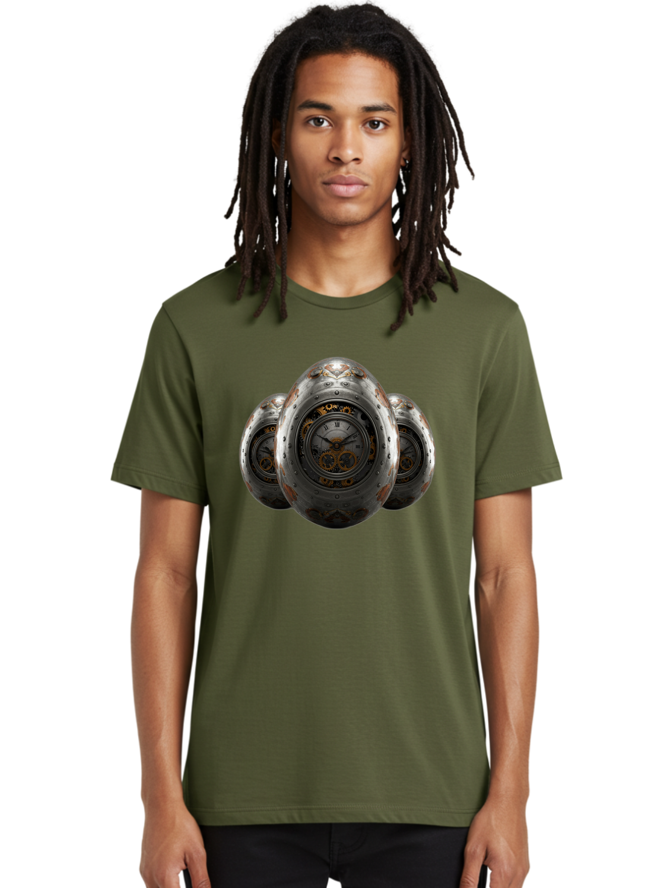 Time-Eggs Men'S Graphic Tee, 100% Cotton, Comfortable Casual Summer Wear, Machine Washable, Steampunk Eggs, Clockwork Eggs, Metal Eggs, Rusty Metal, Clock Face, Roman Numerals, Gear Mechanisms, Vintage Clockwork, Industrial Art, Bab538
