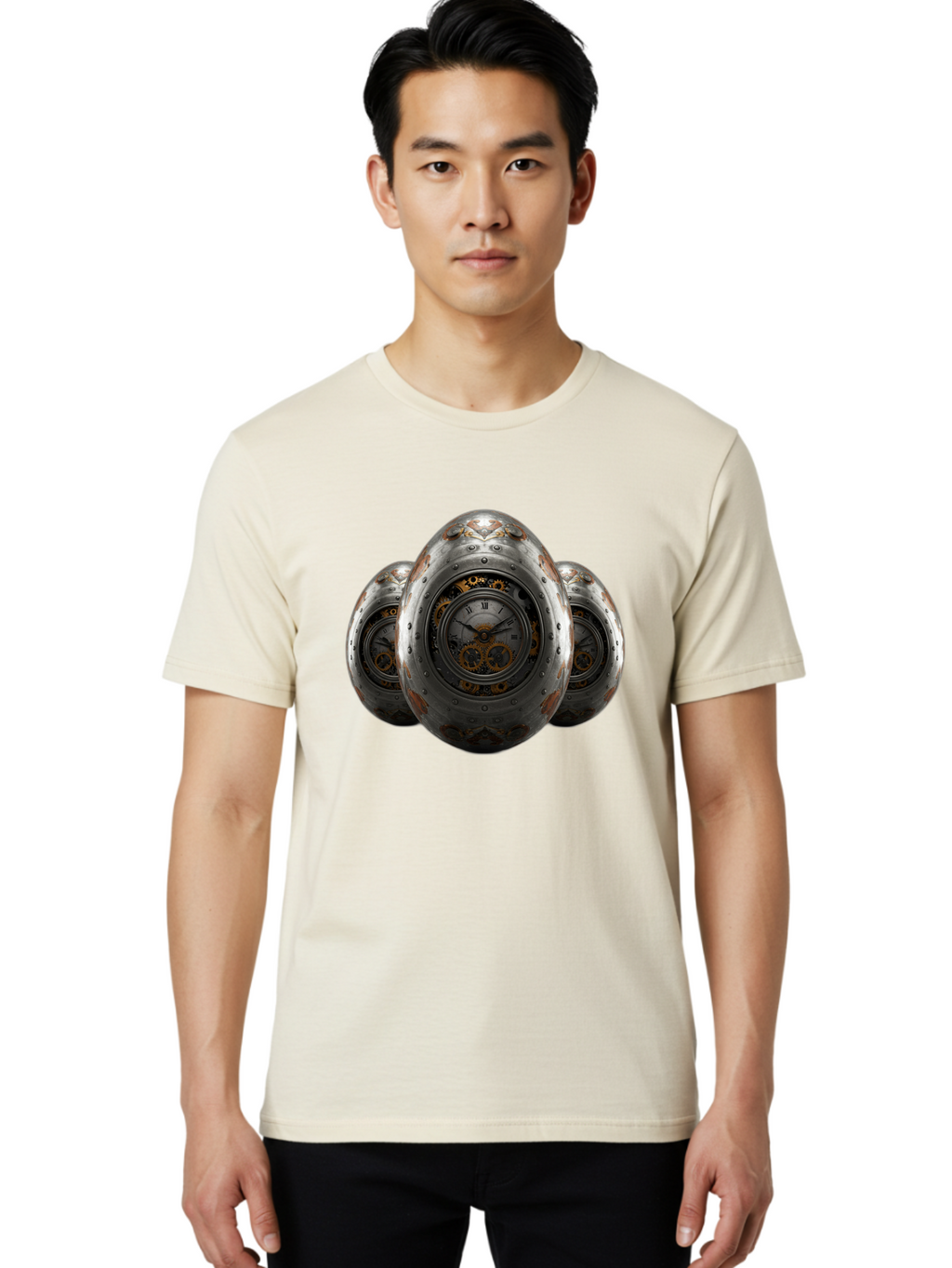 Time-Eggs Men'S Graphic Tee, 100% Cotton, Comfortable Casual Summer Wear, Machine Washable, Steampunk Eggs, Clockwork Eggs, Metal Eggs, Rusty Metal, Clock Face, Roman Numerals, Gear Mechanisms, Vintage Clockwork, Industrial Art, Bab538