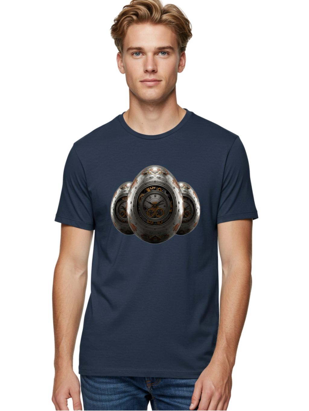 Time-Eggs Men'S Graphic Tee, 100% Cotton, Comfortable Casual Summer Wear, Machine Washable, Steampunk Eggs, Clockwork Eggs, Metal Eggs, Rusty Metal, Clock Face, Roman Numerals, Gear Mechanisms, Vintage Clockwork, Industrial Art, Bab538