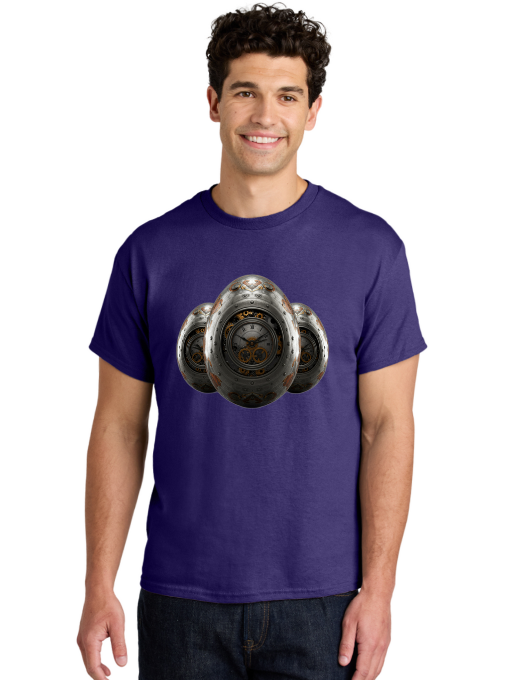 Time-Eggs Men'S Graphic Tee, 100% Cotton, Comfortable Casual Summer Wear, Machine Washable, Steampunk Eggs, Clockwork Eggs, Metal Eggs, Rusty Metal, Clock Face, Roman Numerals, Gear Mechanisms, Vintage Clockwork, Industrial Art, Bab538