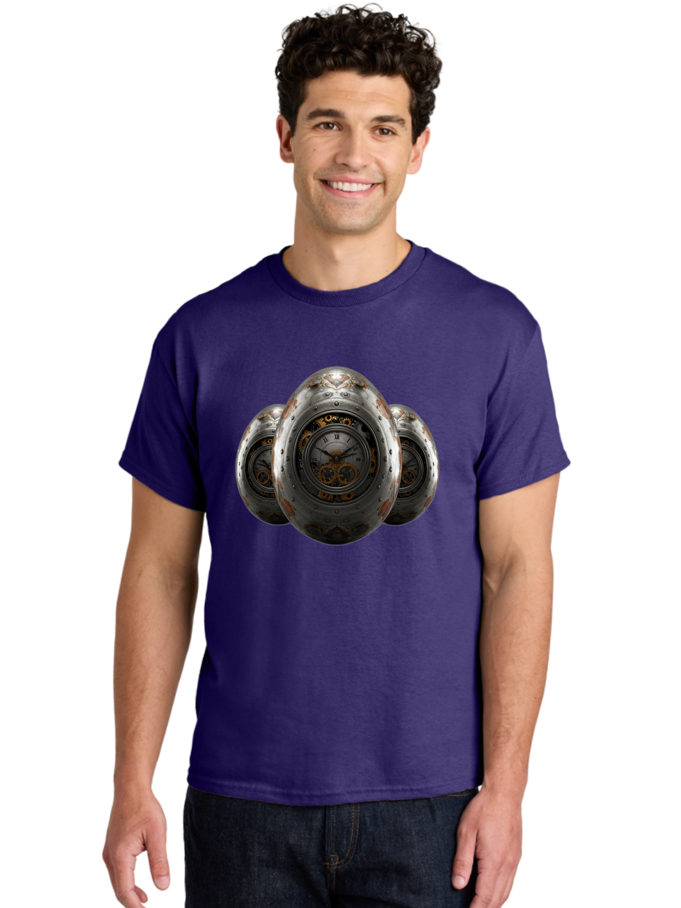 Time-Eggs Men'S Graphic Tee, 100% Cotton, Comfortable Casual Summer Wear, Machine Washable, Steampunk Eggs, Clockwork Eggs, Metal Eggs, Rusty Metal, Clock Face, Roman Numerals, Gear Mechanisms, Vintage Clockwork, Industrial Art, Bab538