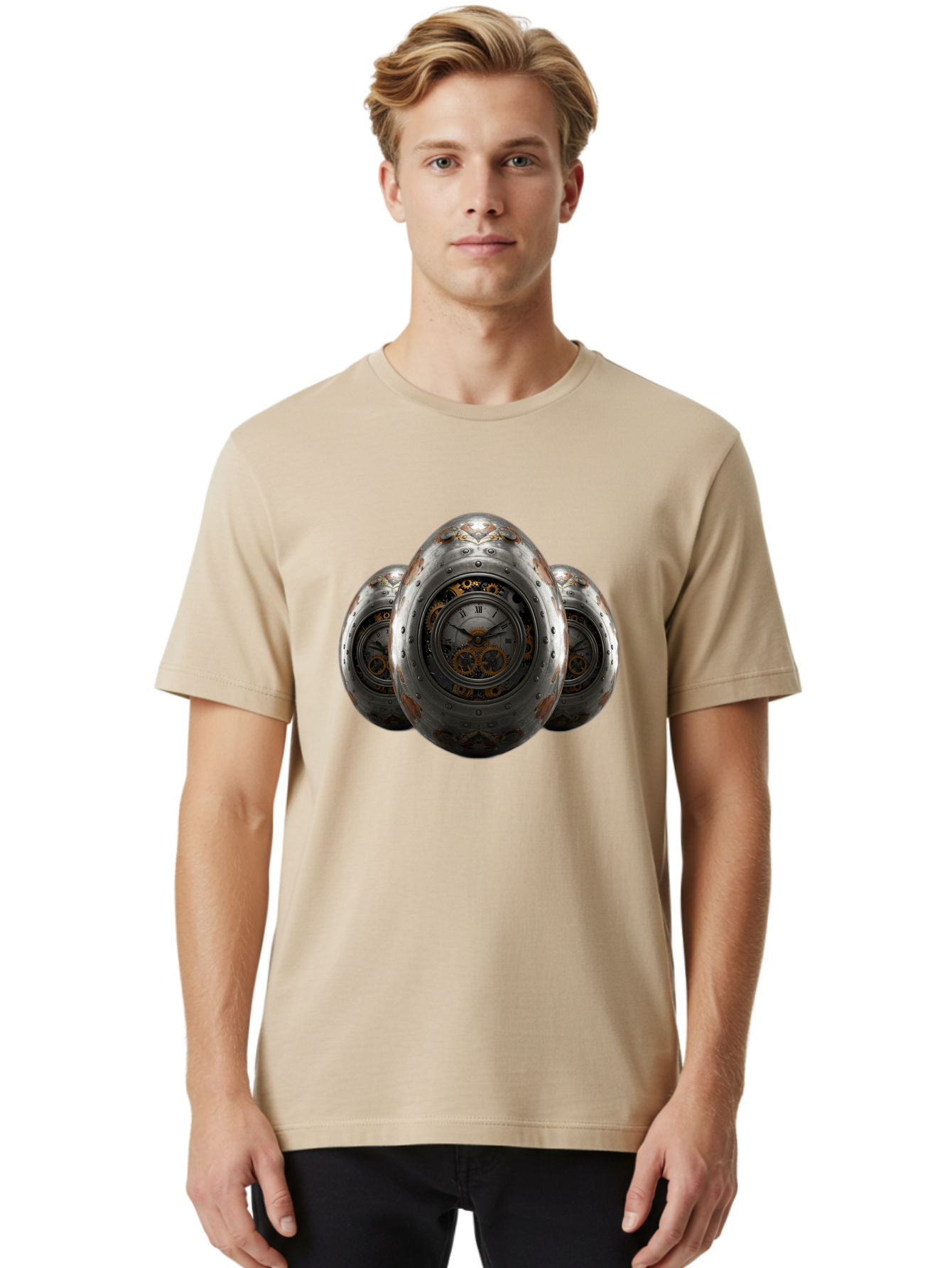 Time-Eggs Men'S Graphic Tee, 100% Cotton, Comfortable Casual Summer Wear, Machine Washable, Steampunk Eggs, Clockwork Eggs, Metal Eggs, Rusty Metal, Clock Face, Roman Numerals, Gear Mechanisms, Vintage Clockwork, Industrial Art, Bab538