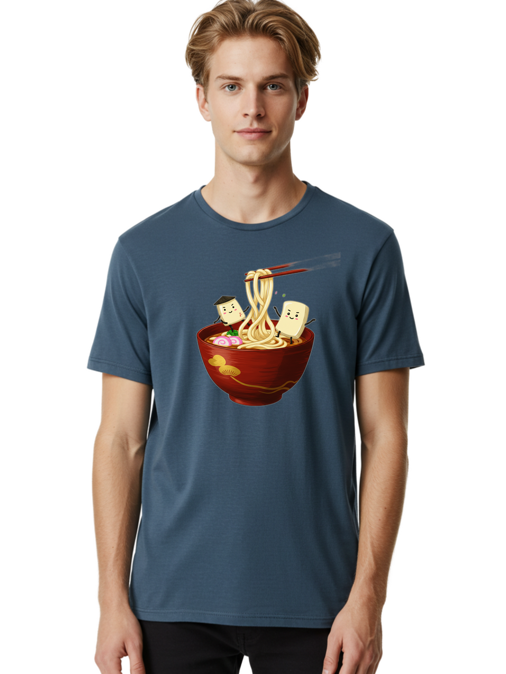 Tofu-And-Noodles Men'S Graphic Tee, 100% Cotton, Comfortable Casual Summer Wear, Machine Washable, Cartoon Tofu, Ramen Noodles, Chopsticks, Food Illustration, Japanese Cuisine, Animated Characters, Funny Scene, Noodle Bowl, Cartoon Food, Bab539