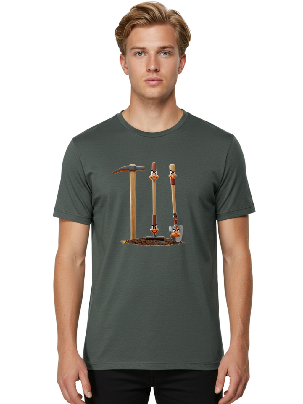 Tools-With-Duck-Faces Men'S Graphic Tee, 100% Cotton, Comfortable Casual Summer Wear, Machine Washable, Wooden Handled Tools, Hammer, Spade, Pickaxe, Cartoon Duck Faces, Gardening Equipment, Humorous Illustration, Quirky Design, Funny Tools, Bab540