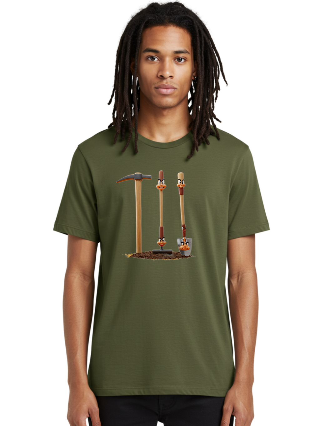 Tools-With-Duck-Faces Men'S Graphic Tee, 100% Cotton, Comfortable Casual Summer Wear, Machine Washable, Wooden Handled Tools, Hammer, Spade, Pickaxe, Cartoon Duck Faces, Gardening Equipment, Humorous Illustration, Quirky Design, Funny Tools, Bab540