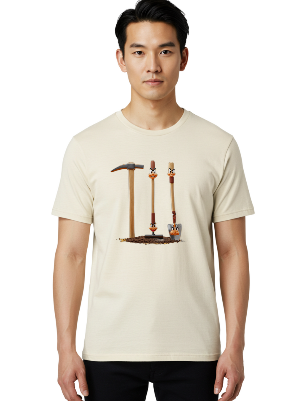 Tools-With-Duck-Faces Men'S Graphic Tee, 100% Cotton, Comfortable Casual Summer Wear, Machine Washable, Wooden Handled Tools, Hammer, Spade, Pickaxe, Cartoon Duck Faces, Gardening Equipment, Humorous Illustration, Quirky Design, Funny Tools, Bab540